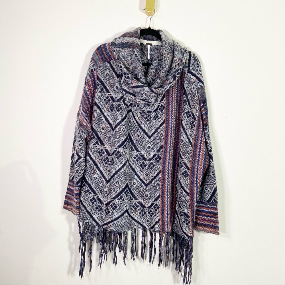 Free People Be the One Chevron Geometric Print Knit Fringe Poncho Sweater
